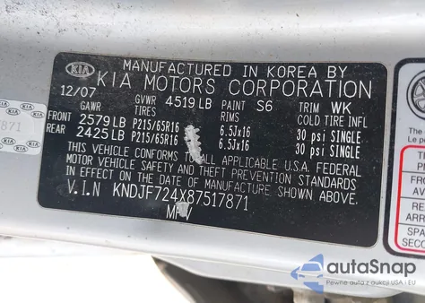 2008 Kia Sportage Lx z USA, uszkodzony, nr VIN KNDJF724X87517871